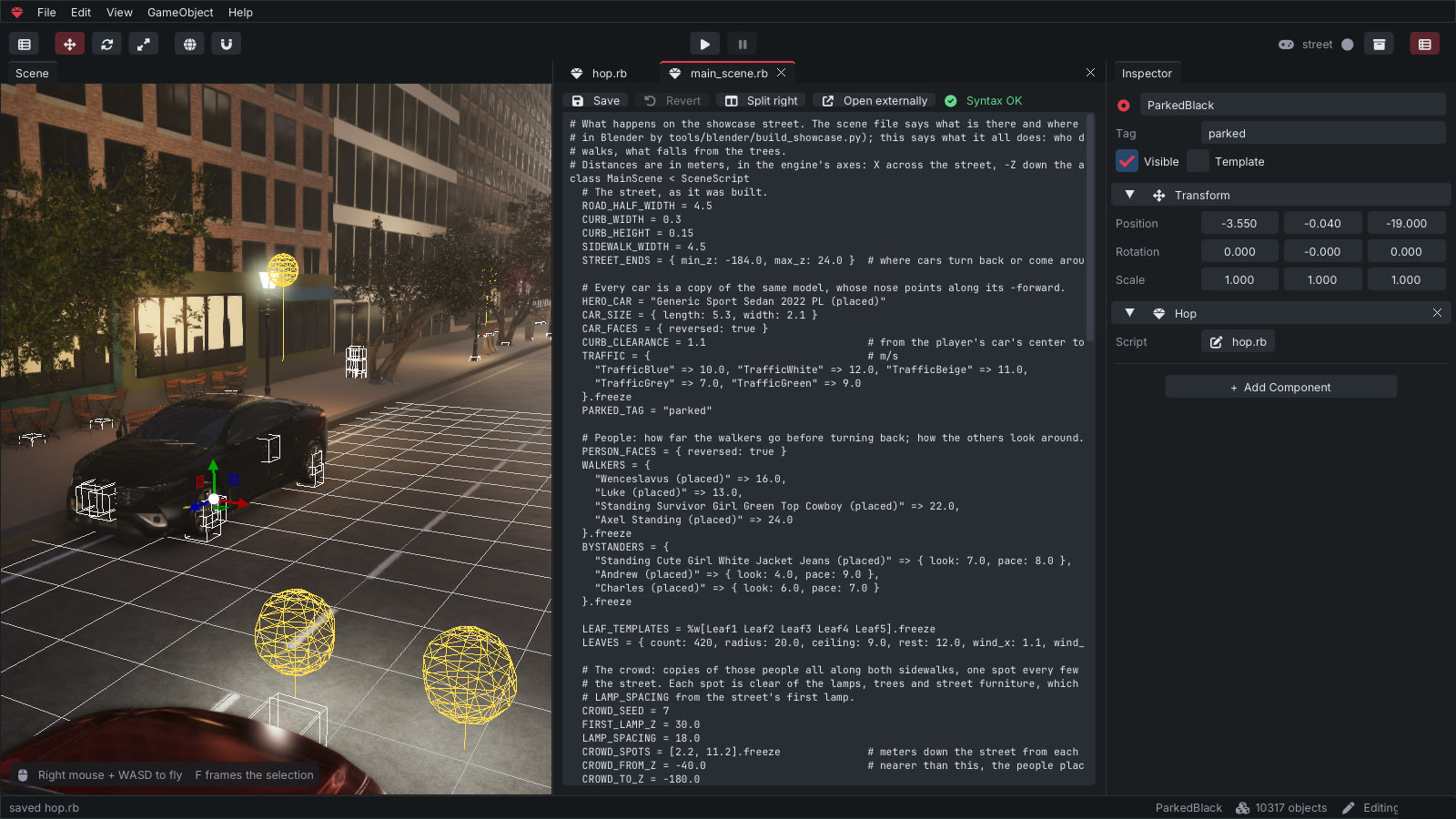 The RedGem editor with a street scene on the left, a Ruby script open in the middle and the inspector on the right.